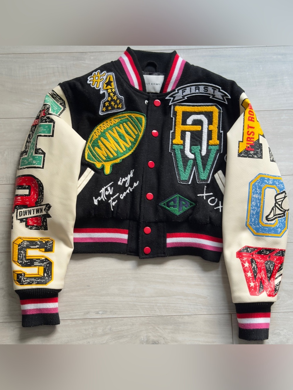 Kids Black Patchwork Varsity Jacket - First Row Inspired